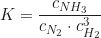 \begin{equation*} K = \frac{c_{NH_3}}{c_{N_2} \cdot c_{H_2}^3}\end{equation*}