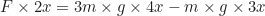 \begin{equation*}F \times 2x = 3m \times g \times 4x - m \times g \times 3x\end{equation*}