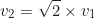 \begin{equation*}v_2 = \sqrt{2} \times v_1 \end{equation*}