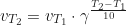 \begin{equation*} v_{T_2} = v_{T_1} \cdot \gamma^{\frac{T_2 - T_1}{10}}\end{equation*}