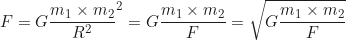 \begin{equation*}\begin{gathered}F = G \frac{m_1 \times m_2}{R^2} \R^2 = G \frac{m_1 \times m_2}{F} \R = \sqrt{G \frac{m_1 \times m_2}{F}}\end{gathered} \end{equation*}