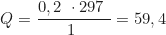 \begin{equation*}Q = \frac{0,2 \text{ моль} \cdot 297 \text{ кДж}}{1 \text{ моль}} = 59,4 \text{ кДж}\end{equation*}