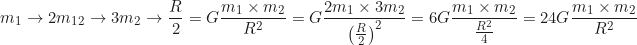 \begin{equation*}\begin{gathered}m_1 \to 2m_1 \m_2 \to 3m_2 \R \to \frac{R}{2} \F = G \frac{m_1 \times m_2}{R^2} \F = G \frac{2m_1 \times 3m_2}{\left(\frac{R}{2}\right)^2} = 6G \frac{m_1 \times m_2}{\frac{R^2}{4}} = 24G \frac{m_1 \times m_2}{R^2}\end{gathered} \end{equation*}
